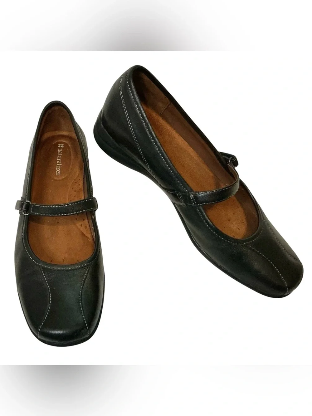 ❌❌❌sld14 Mary Jane Shoes Women 9M Black Leather Comfort Low Wedge